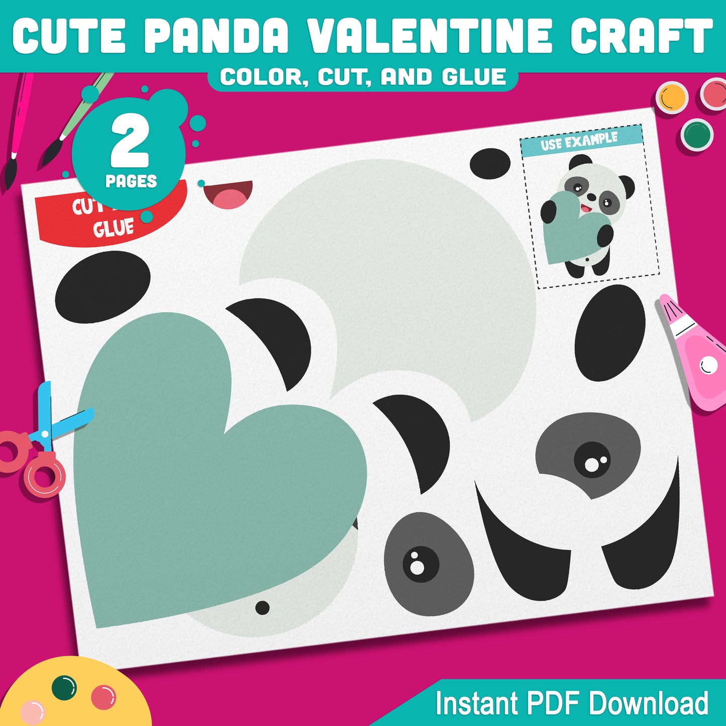 Cute Panda Valentine Craft Printable Color Cut and Glue Activity for Preschool Pre-K Kindergarten School Craft