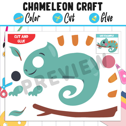 Cute Chameleon Craft : Color, Cut, and Glue, a Fun Activity for Pre K to 2nd Grade, PDF Instant Download