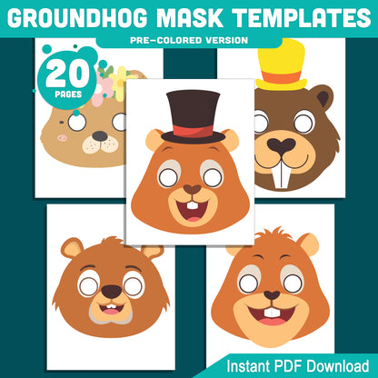 Groundhog Mask Templates for Kids – Fun Groundhog Day Classroom Activity, 10 Printable Paper Mask Designs, Pre-Colored + Black and White, PDF Download