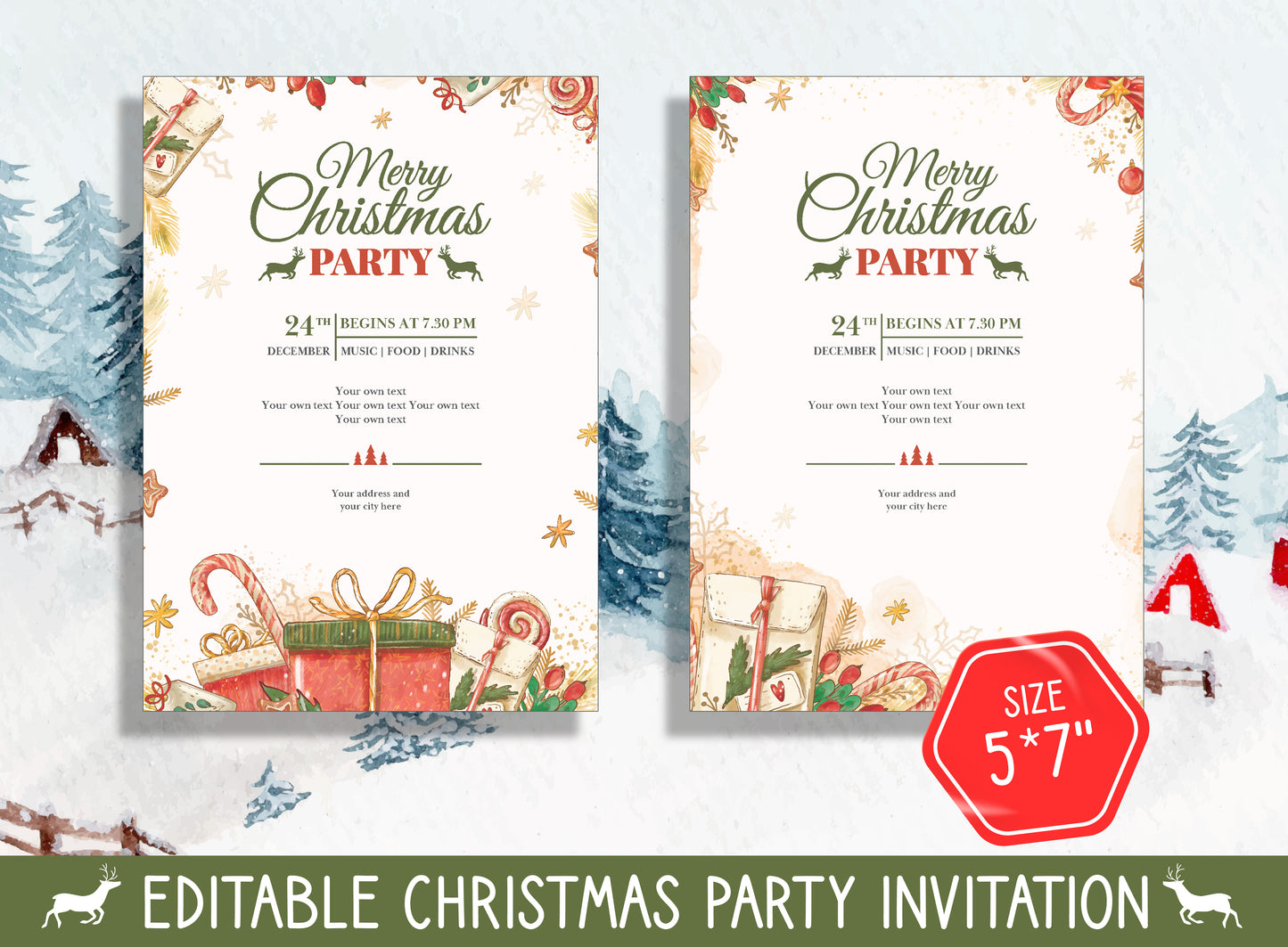 Personalize Your Festivities: Get Creative with Editable Christmas Party Invitations - Explore 2 Designs & 2 Sizes (8.5"x11" and 5"x7")