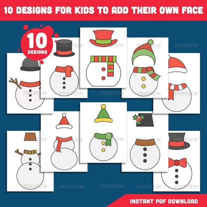 Snowmen Add Your Own Face Crafts – Winter Body Templates, 10 Designs, High-resolution PDF + PNG Files, Coloring Version Included for Home, School, and Winter Activities