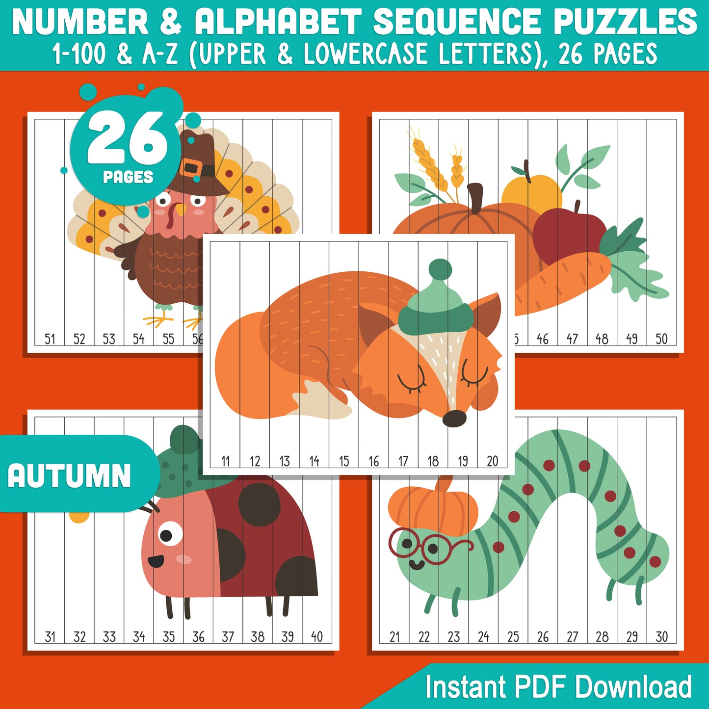 Autumn-Themed Sequence Puzzles: Numbers 1-100 & Alphabet A-Z for Early Learners, Perfect for Math Centers