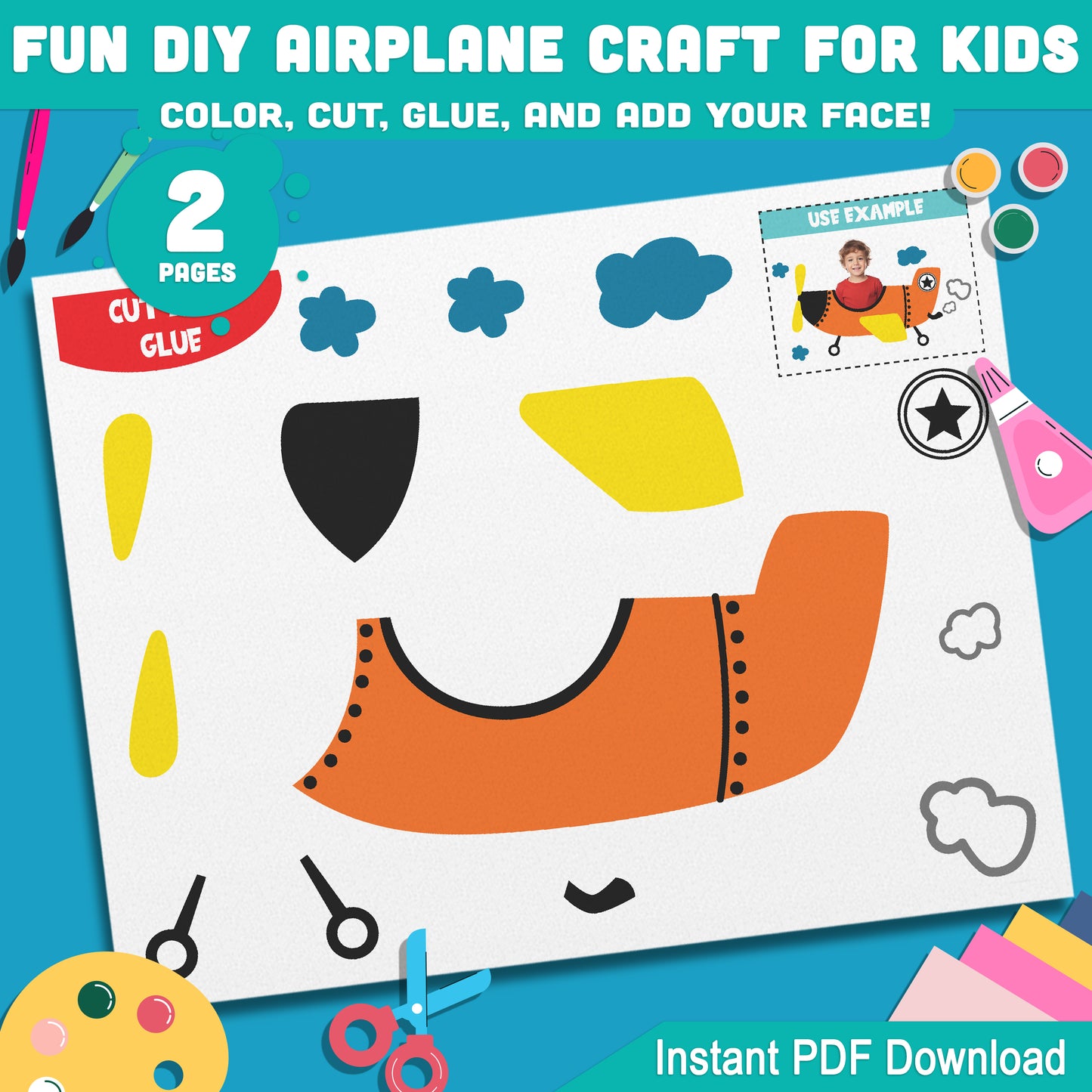 DIY Airplane Craft for Kids: Fun Color, Cut, Glue, and Add Your Face Activity, Perfect for Home or Classroom, Instant PDF Download