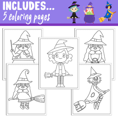 Learn How to Draw a Witch for Kids: Directed Drawing Step by Step Tutorial, Includes 5 Coloring Pages, PDF File, Instant Download.