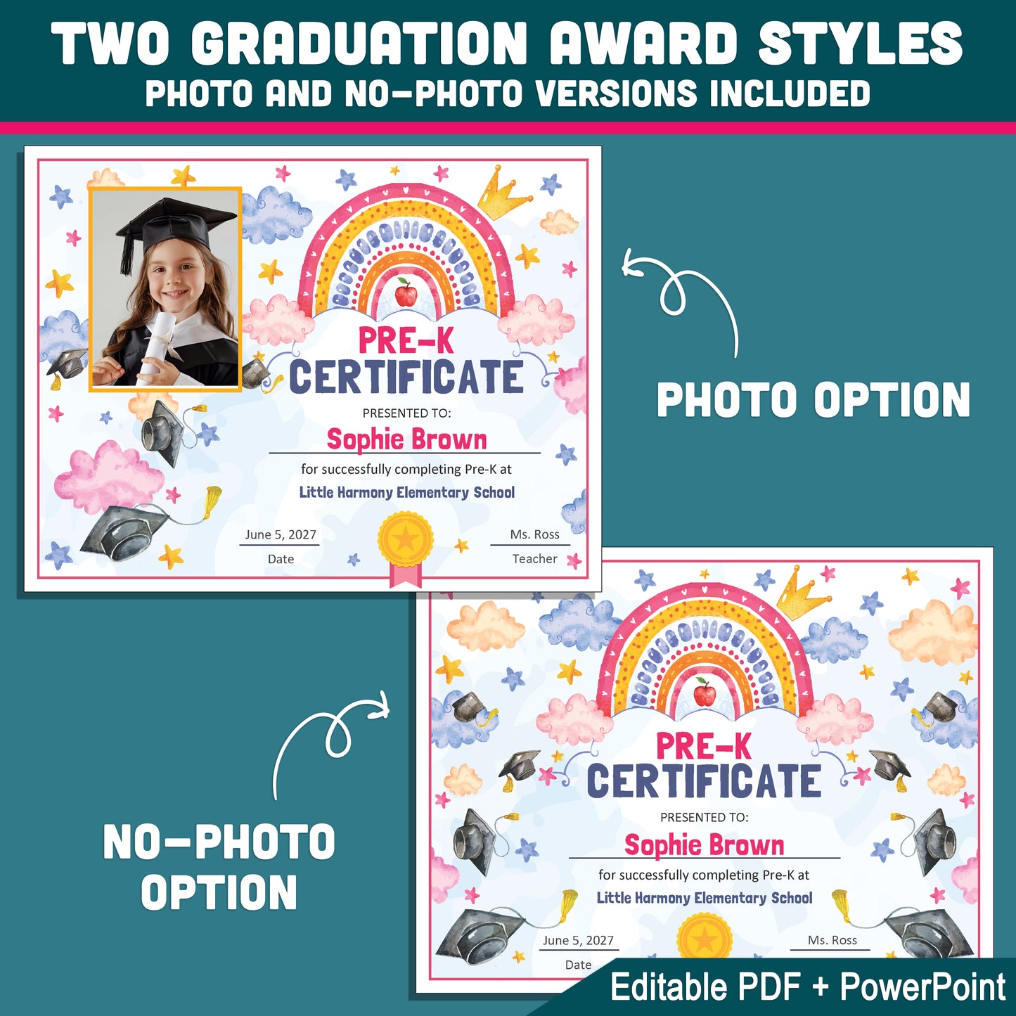 Pre-K Completion Certificate, Rainbow Star Editable End of School Year Awards, Photo and No Photo Versions, PDF and PowerPoint Download