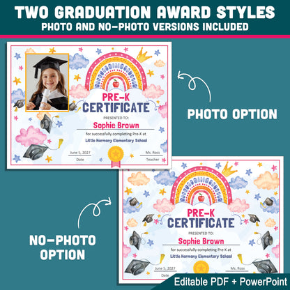 Pre-K Completion Certificate, Rainbow Star Editable End of School Year Awards, Photo and No Photo Versions, PDF and PowerPoint Download