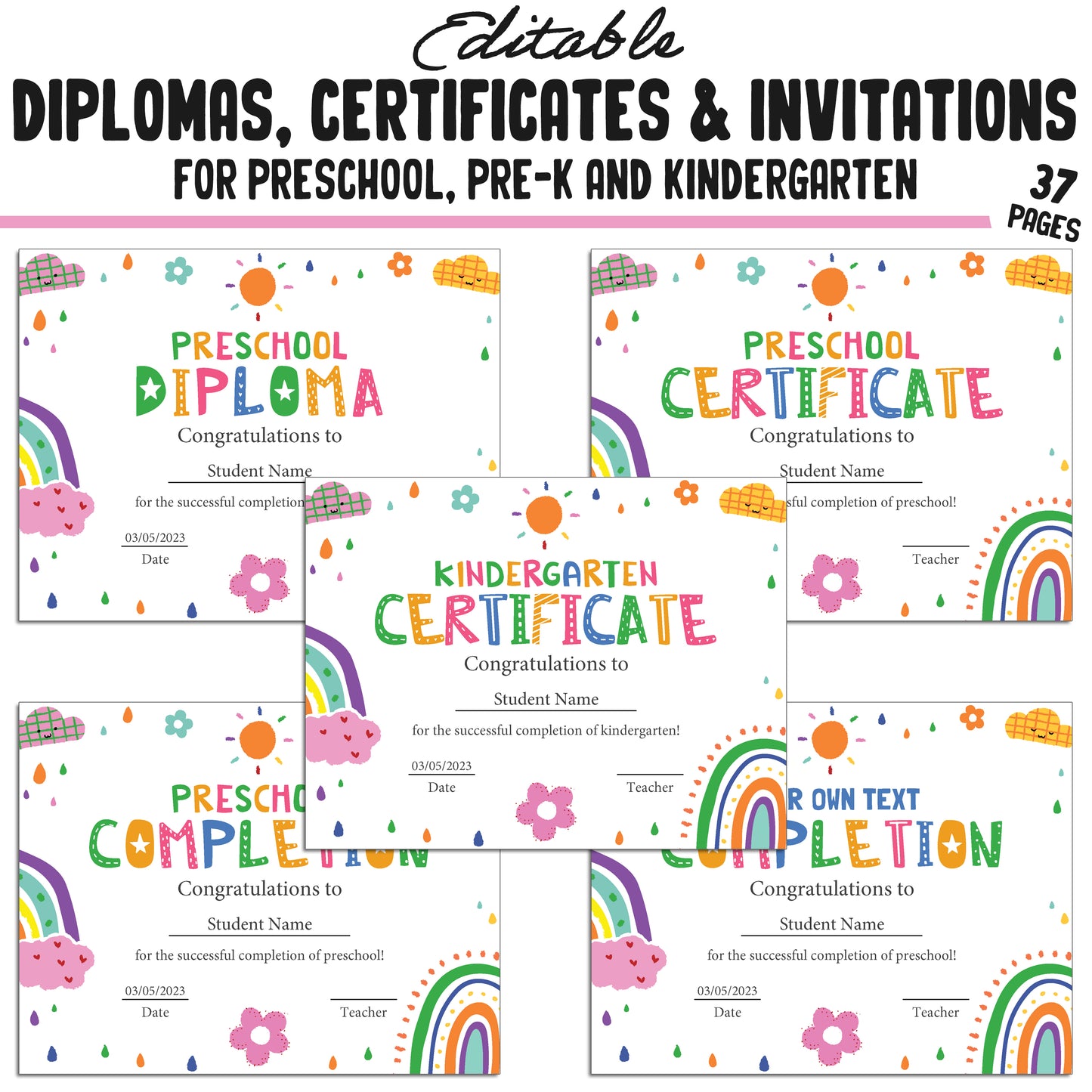 37 Editable Printable Pre-K, Kindergarten, and Preschool Diploma and Invitation Templates (PDF) - Instant Download