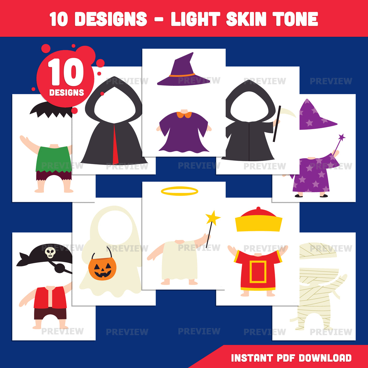 Halloween Face Templates, Personalized Character Craft, 10 Designs, Light & Dark Skin, High-Resolution PDF + PNG, Coloring Version Included, Fall Fun