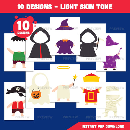 Halloween Face Templates, Personalized Character Craft, 10 Designs, Light & Dark Skin, High-Resolution PDF + PNG, Coloring Version Included, Fall Fun