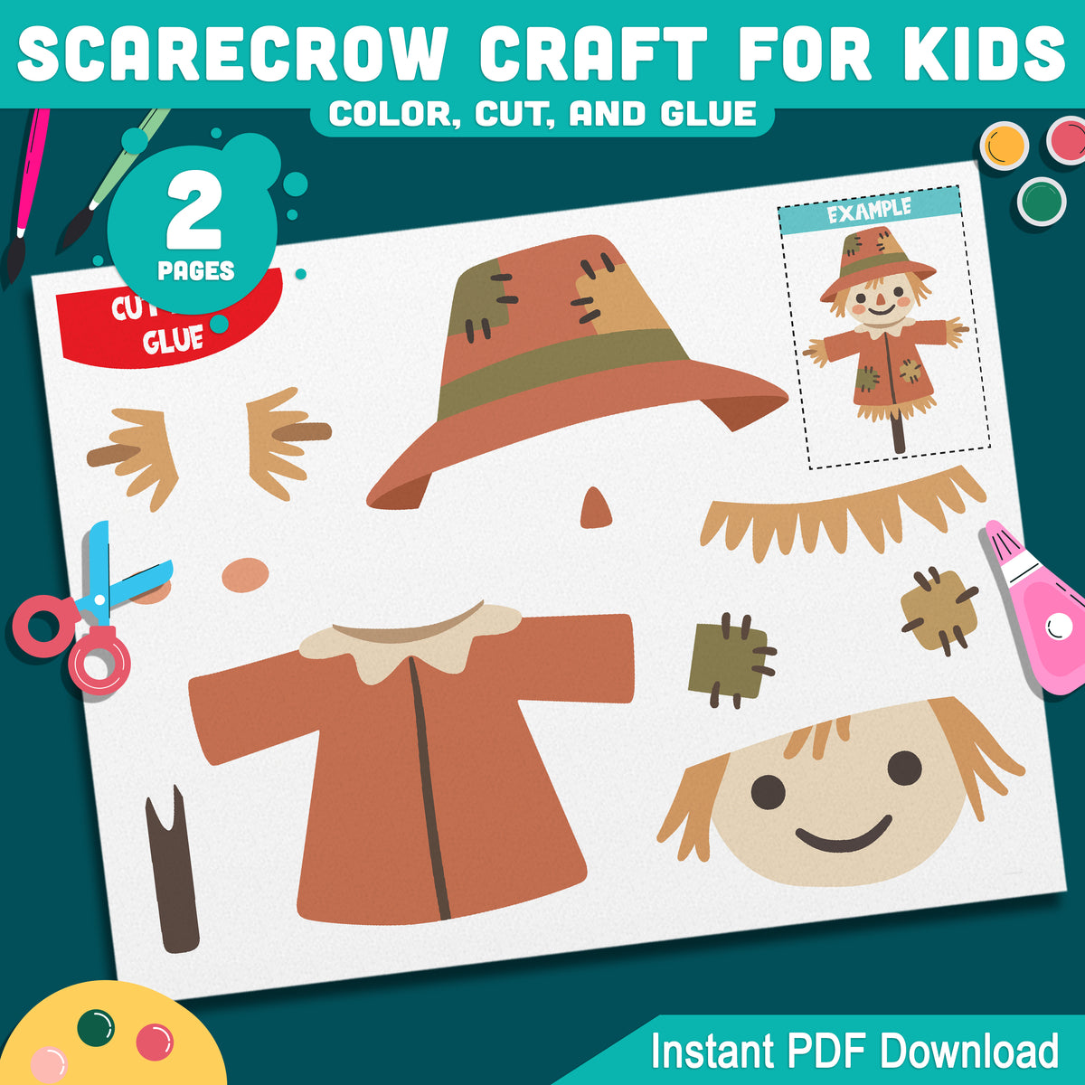 Scarecrow Craft for Kids, Autumn Cut and Assemble Activity, Fall Farm Art, Build a Scarecrow Project, Pre-Colored & Black and White, Letter & A4