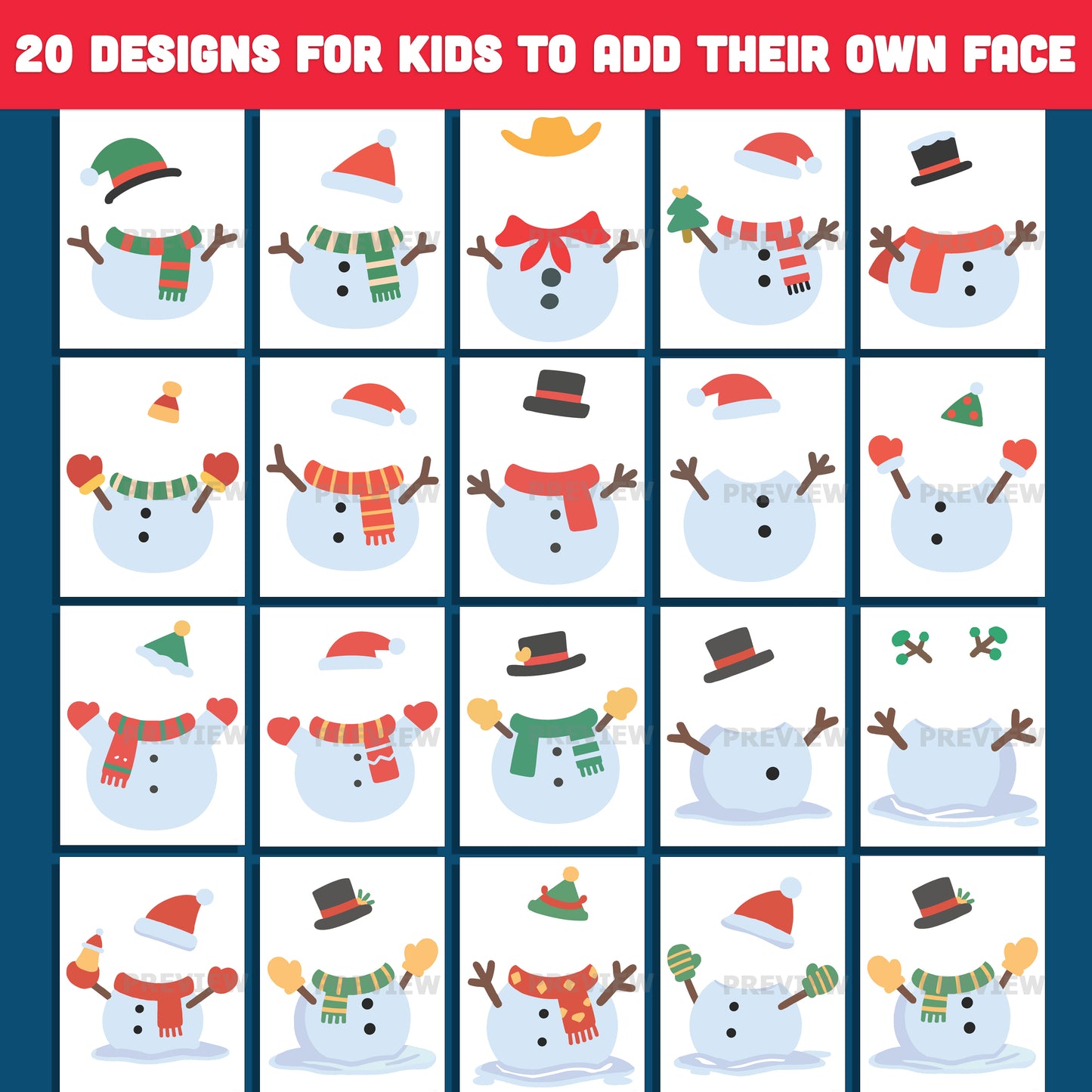 Snowman Face Insert – Add Your Face Snowman Crafts, 20 Printable Designs, High-Resolution PDF + PNG Files for Winter Projects, Christmas Activities, and School Displays
