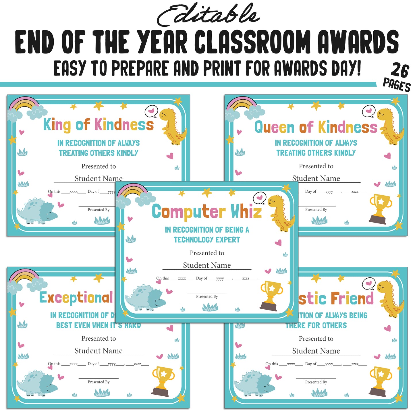 Editable End of Year Class Superlatives Awards Certificates – 26-Page PDF with Adorable Dinosaur Theme – Instant Download