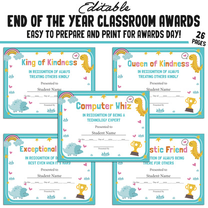 Editable End of Year Class Superlatives Awards Certificates – 26-Page PDF with Adorable Dinosaur Theme – Instant Download