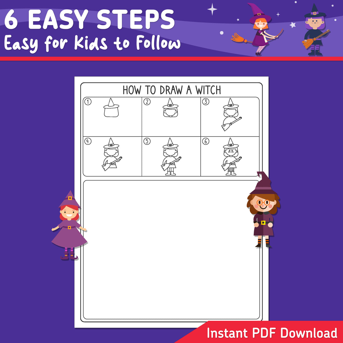 How to Draw a Witch, Halloween Directed Drawing Activity, Step by Step Halloween Art for Kids, Printable Drawing Pages, Coloring Pages, PDF Download