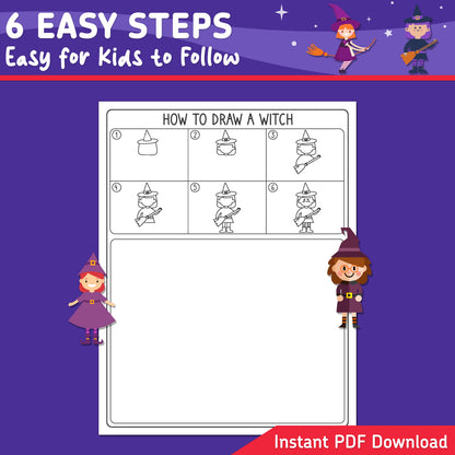How to Draw a Witch, Halloween Directed Drawing Activity, Step by Step Halloween Art for Kids, Printable Drawing Pages, Coloring Pages, PDF Download