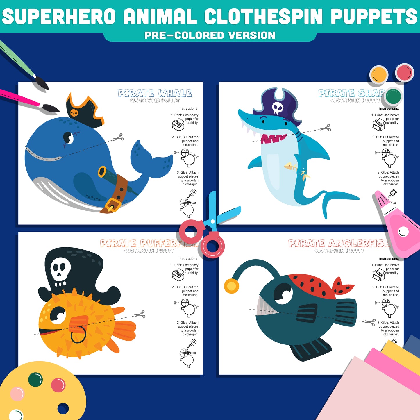 Pirate Sea Animal Clothespin Puppets, Printable Ocean Puppet Craft, Whale, Shark, Pufferfish & Anglerfish Activity