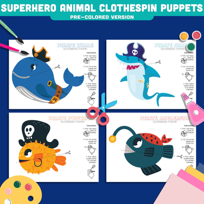 Pirate Sea Animal Clothespin Puppets, Printable Ocean Puppet Craft, Whale, Shark, Pufferfish & Anglerfish Activity