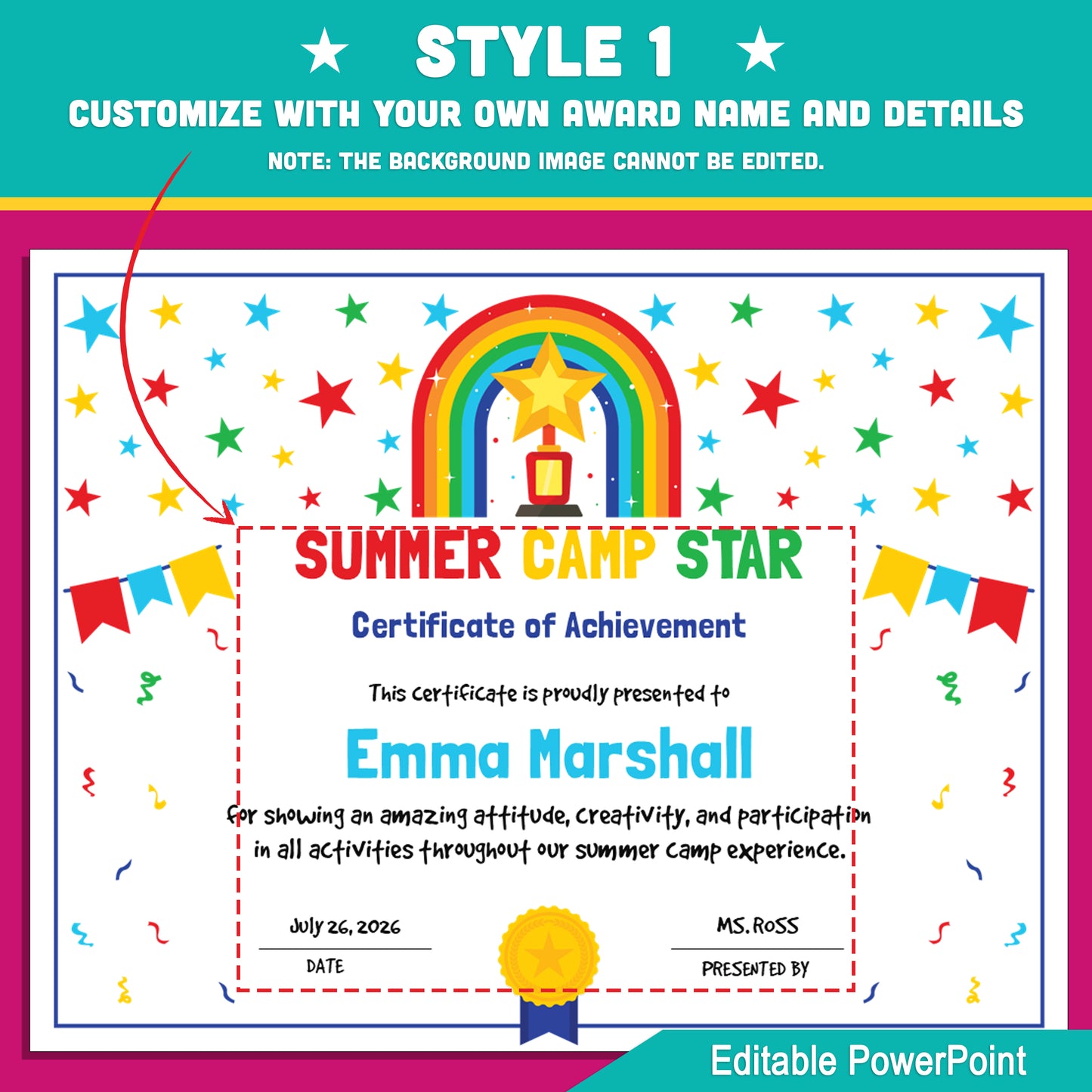 Summer Camp Star Certificates – Editable Awards with Photo Area, 4 Fun Versions for All Summer Activities, 8.5x11", PowerPoint