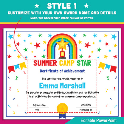 Summer Camp Star Certificates – Editable Awards with Photo Area, 4 Fun Versions for All Summer Activities, 8.5x11", PowerPoint