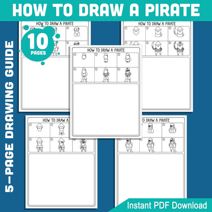 Pirate Drawing Tutorial for Kids: 6 Steps with 5 Coloring Pages, Engaging Art Activity, Perfect for Creative Kids Who Love Pirates, Instant PDF Download