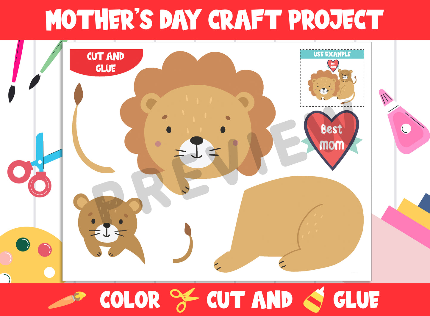 Mother's Day Craft Project - Color, Cut, and Glue for PreK to 2nd Grade, PDF File, Instant Download