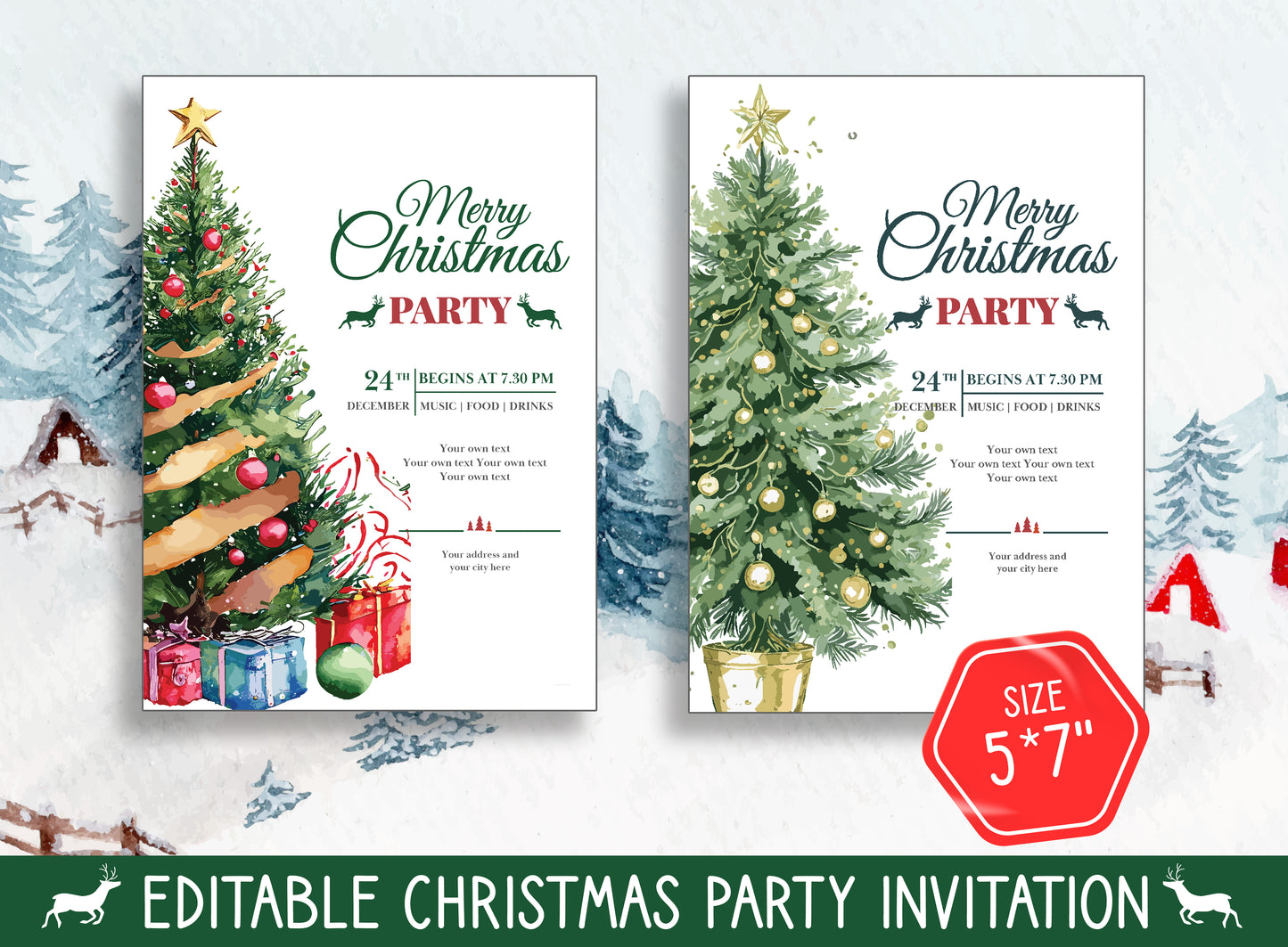 Editable Winter and Christmas Invitations, Choose from 2 Designs & 2 Sizes (8.5"x11" and 5"x7"), PDF File, Instant Download