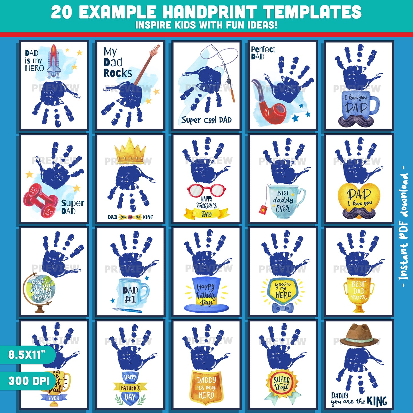 Father’s Day Handprint Art for Kids – 20 Designs with Examples + 20 Blank Templates to Stamp Handprints, Instant PDF Download