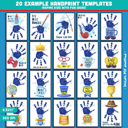 Father’s Day Handprint Art for Kids – 20 Designs with Examples + 20 Blank Templates to Stamp Handprints, Instant PDF Download
