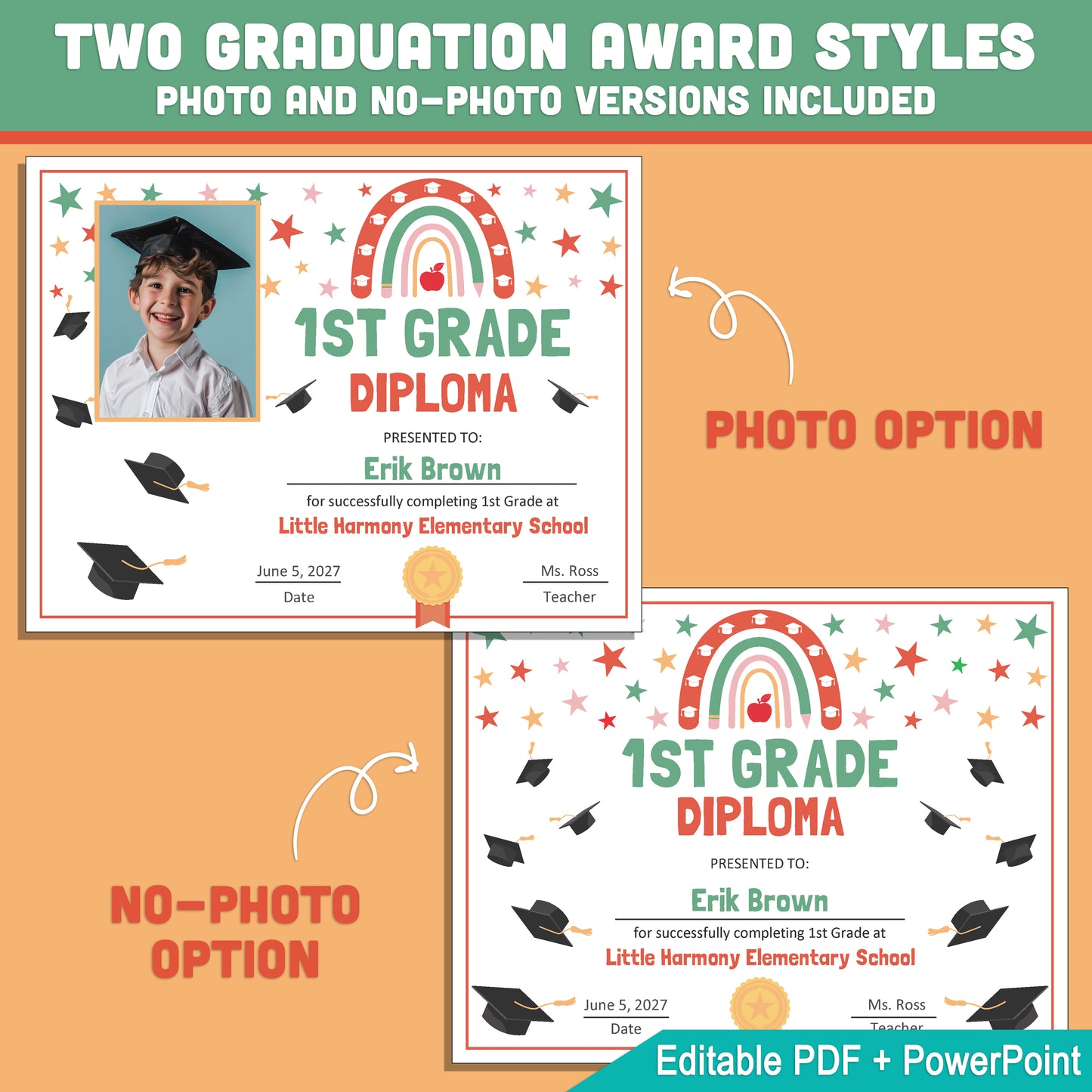 Editable 1st Grade Graduation Diploma & Certificate Set, Retro Rainbow Stars Theme, Printable Awards, Photo or No-Photo Options, PDF, PowerPoint