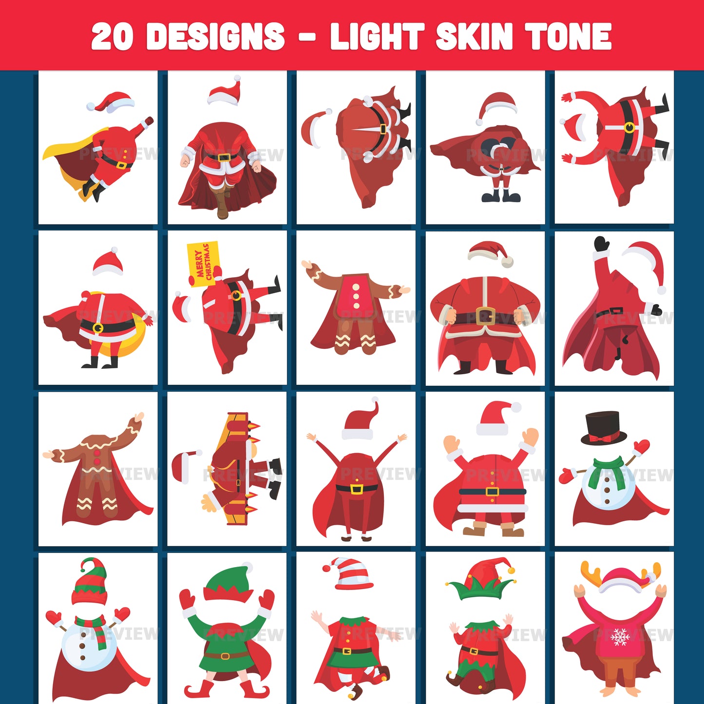 Christmas Superhero Body Templates – Make Your Own Holiday Cutouts with Santa Snowman Elf Reindeer Gingerbread Man, 20 designs Light + Dark Skin Tone, PDF + PNG