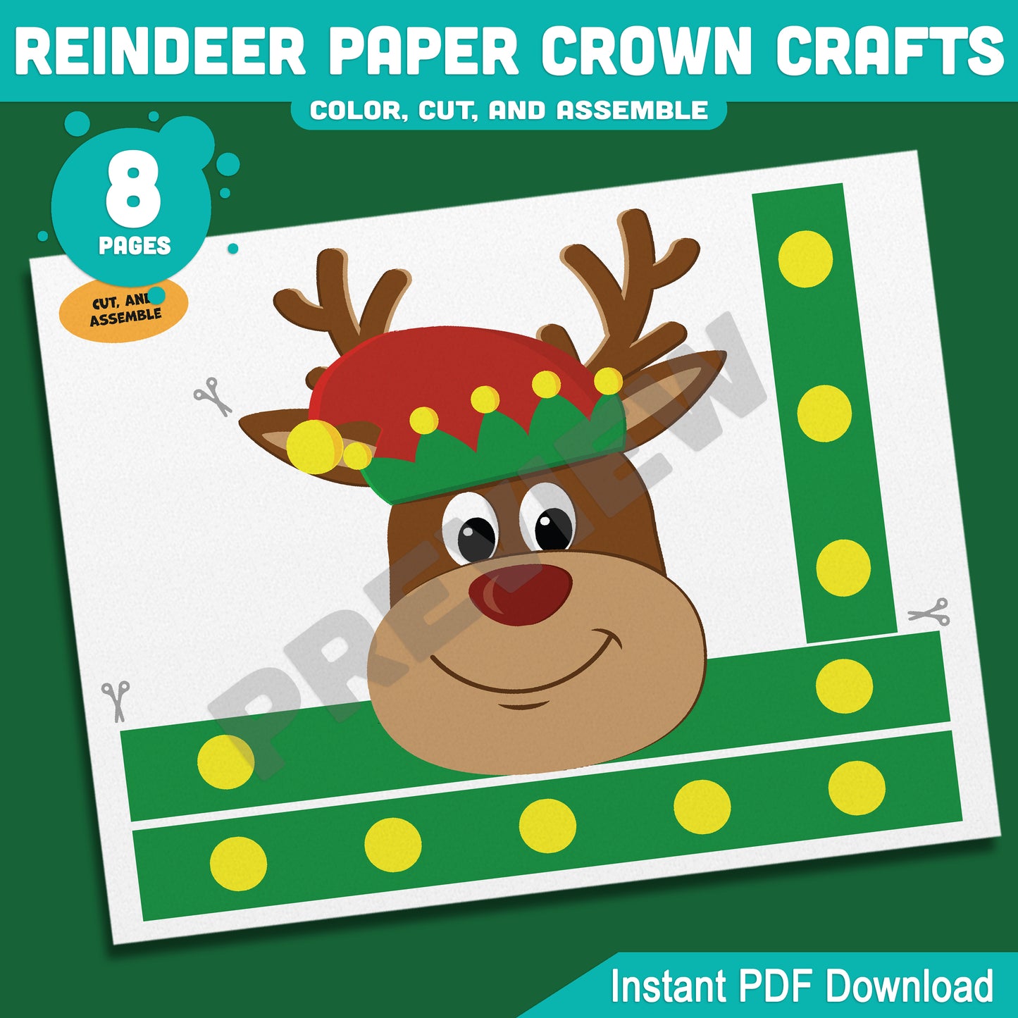Printable Christmas Reindeer Paper Crown Crafts, Coloring Headband and Party Hat Activity, Winter Play Craft for Kids, 4 Designs, Pre-color + Black & White
