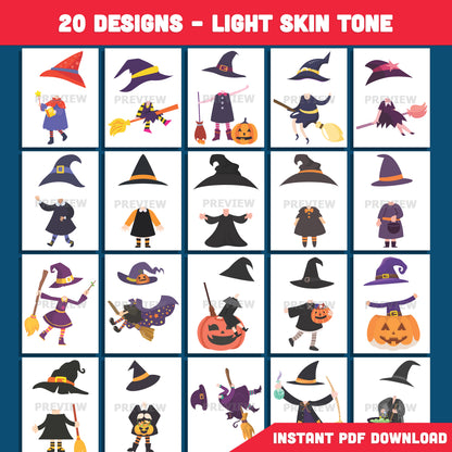 Printable Halloween Witch Add Your Own Face Crafts, 20 Creative Templates – Dark Skin Tone Included, Fun Halloween Classroom Activity