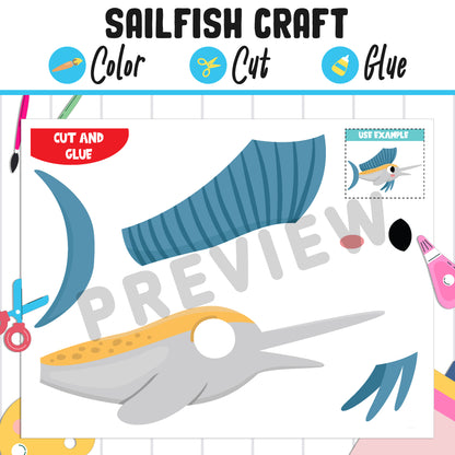 Cute Sailfish Craft Activity: Color, Cut, and Glue, Fun for PreK to 2nd Grade, PDF Instant Download