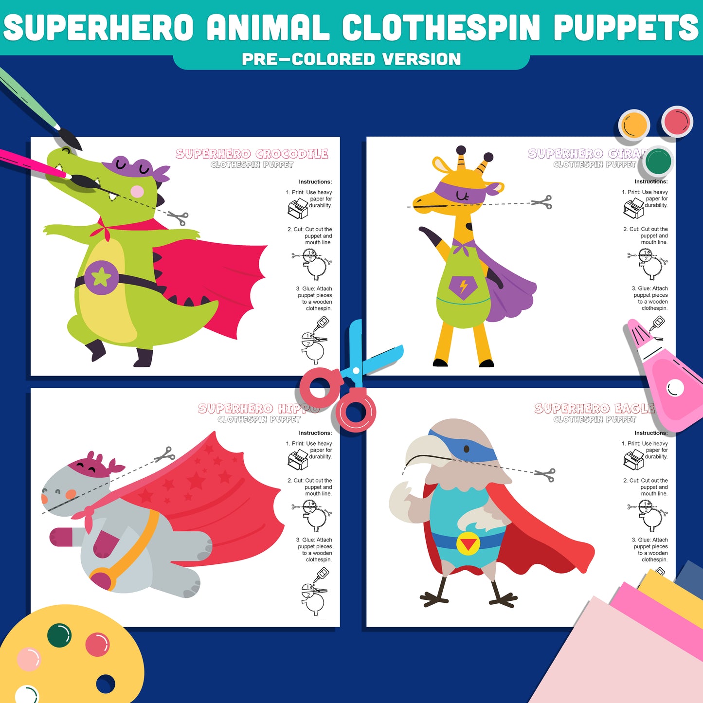 Superhero Animal Clothespin Puppets, Color Cut and Create Animal Heroes, Printable Puppet Craft for Kids PDF