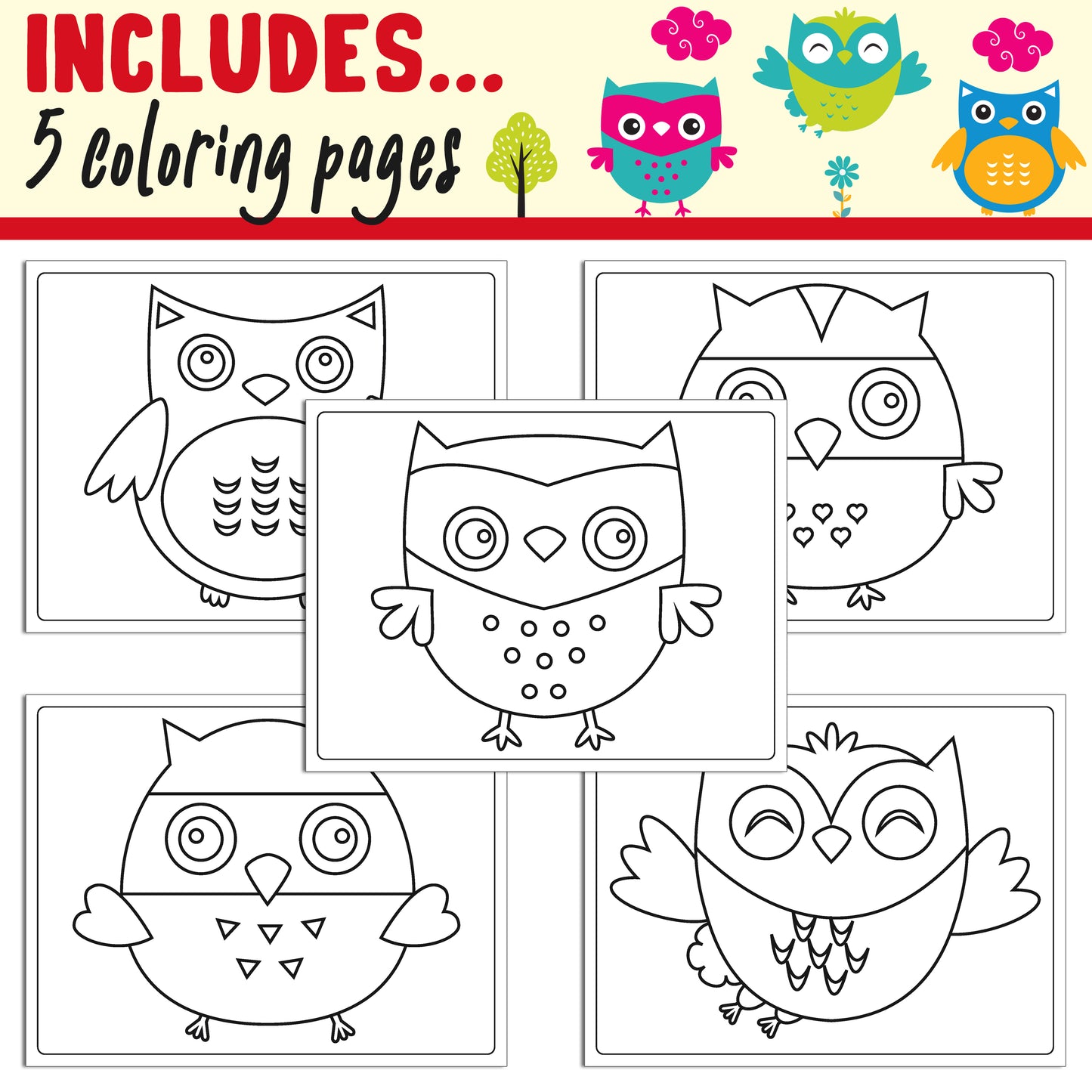 Learn How to Draw an Owl: Directed Drawing Step by Step Tutorial, Includes 5 Coloring Pages, PDF File, Instant Download.