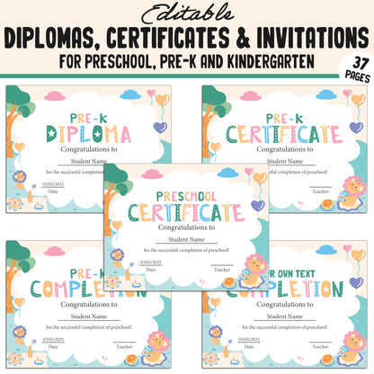 Editable Kindergarten, PreK, Preschool Diplomas, Certificates & Invitations – 37 Customizable PDF Pages, Instant Download