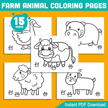 15 Simple Farm Animal Coloring Pages with Thick Borders for Preschool & Kindergarten – Easy-to-Print, Large Size PDF, Instant Download