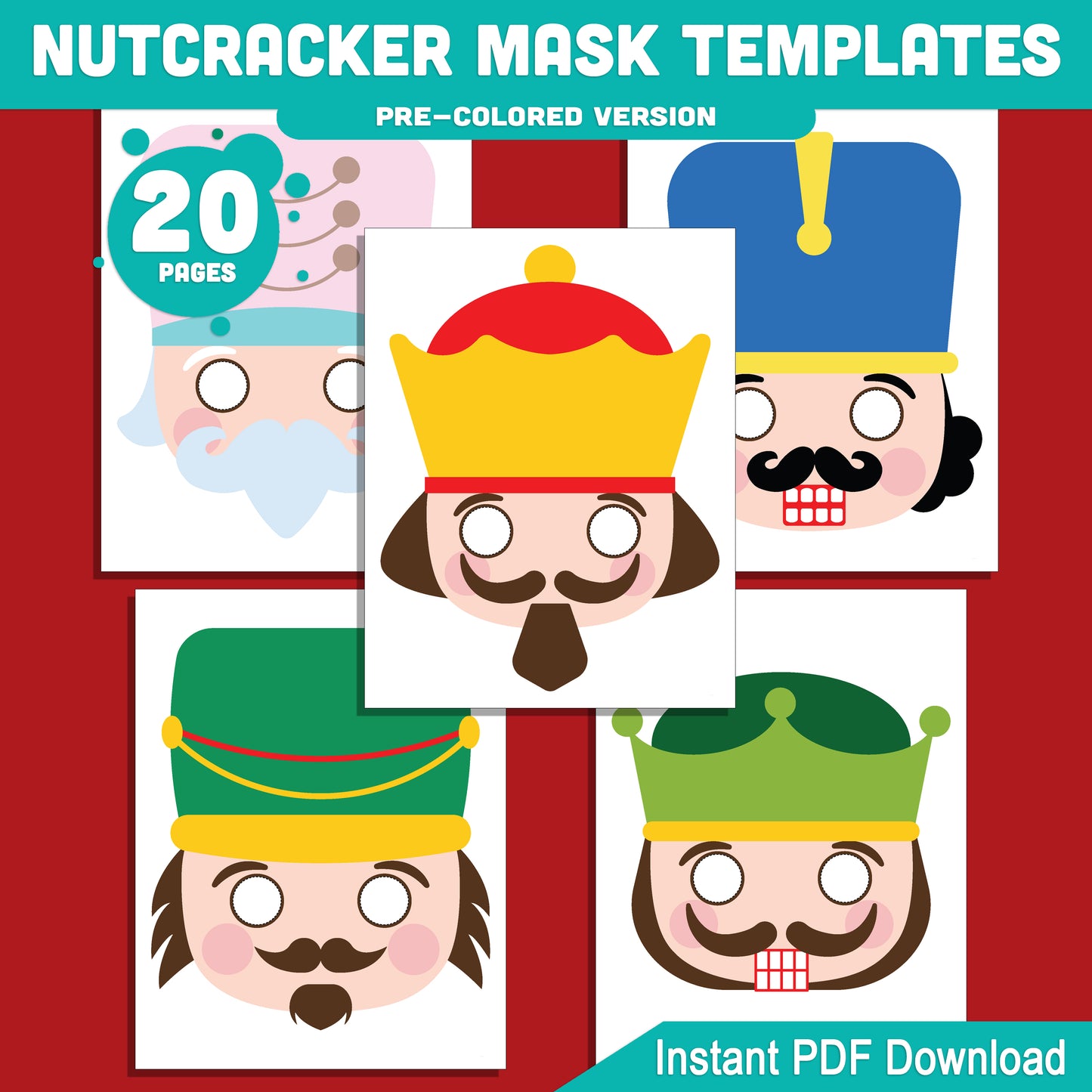 Printable Nutcracker Mask Templates: Holiday Craft for Kids, 10 Designs, Pre-Colored + Black and White, Perfect for Christmas School Play or Home Party, PDF