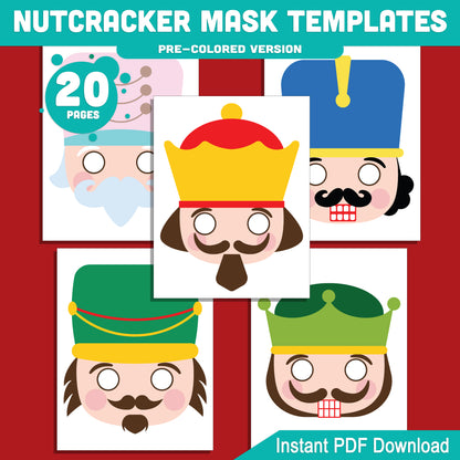 Printable Nutcracker Mask Templates: Holiday Craft for Kids, 10 Designs, Pre-Colored + Black and White, Perfect for Christmas School Play or Home Party, PDF