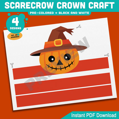 Scarecrow Crown Craft, Fall Paper Crown & Hat Activity, Printable Headband, Pre-Colored and Black & White, Autumn Craft, 4 Designs, A4, US Letter
