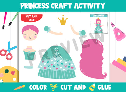 Princess Craft Activity : Color, Cut, and Glue for PreK to 2nd Grade, PDF File, Instant Download