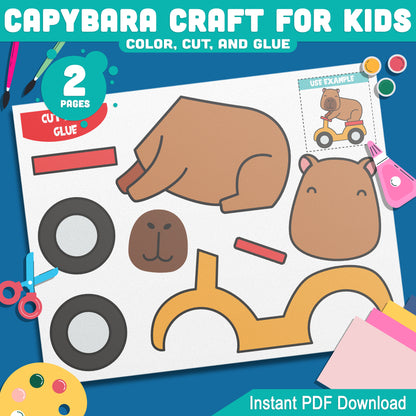 Capybara Scooter Adventure Craft: Easy Color, Cut, and Glue Activity for Kids, Perfect for Jungle Animal Art Projects, Instant PDF