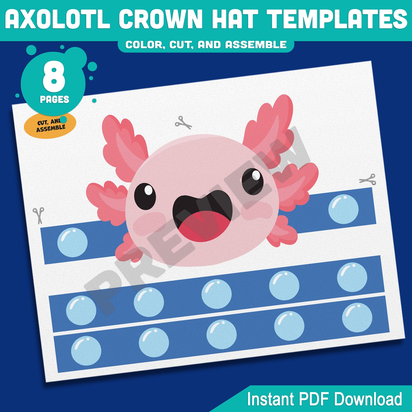 Axolotl Crown Hat Templates – 8 Fun Printable Headbands for Kids with Pre-Colored + Black & White Versions, Creative Craft PDF for Classroom