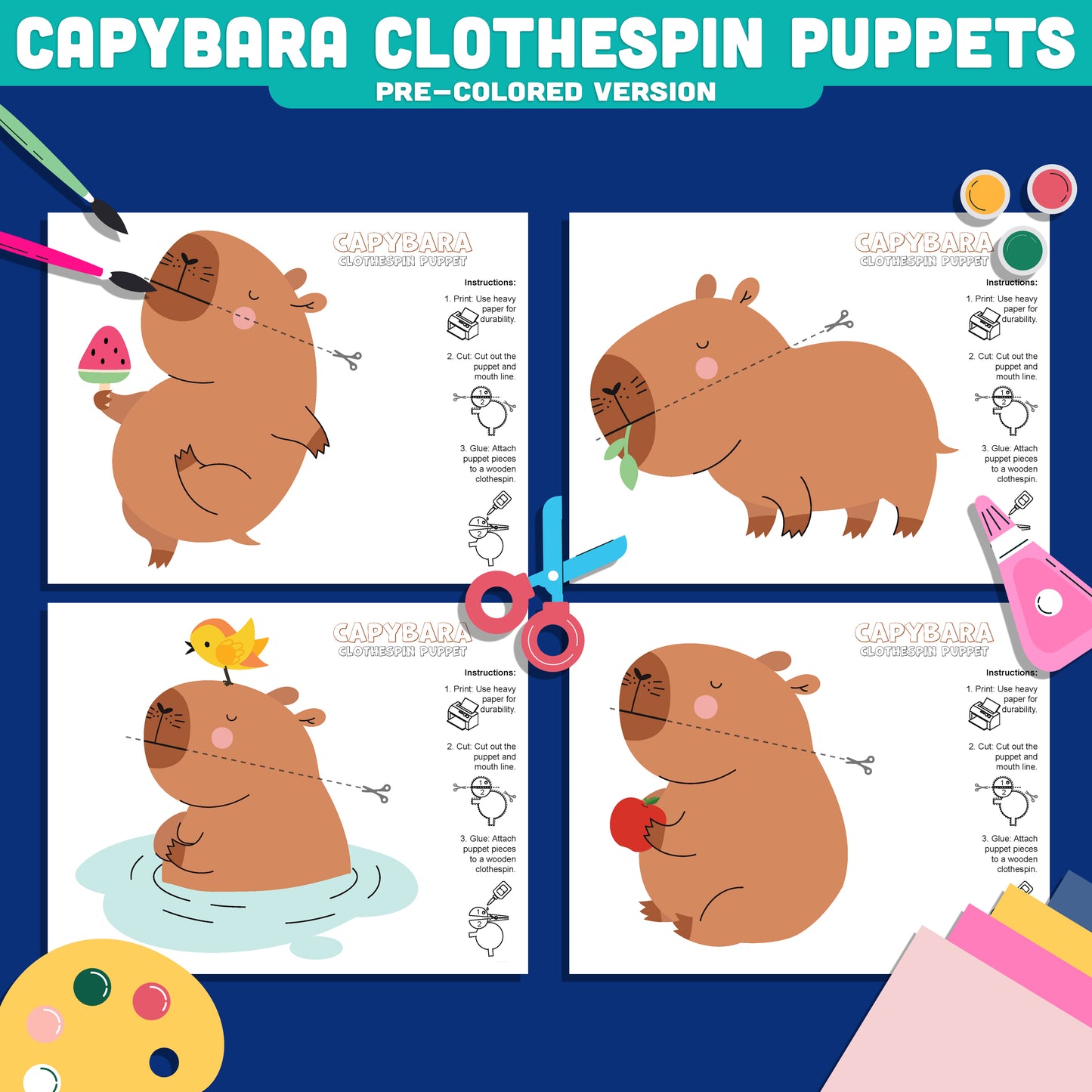 Interactive Capybara Puppets, Printable Clothespin Animal Craft, Color, Cut & Play Activity, Pre-Colored & Black and White PDF