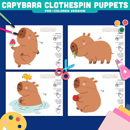Interactive Capybara Puppets, Printable Clothespin Animal Craft, Color, Cut & Play Activity, Pre-Colored & Black and White PDF