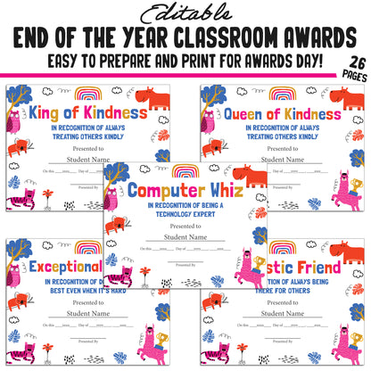 Customizable Classroom Superlatives and Fun End-of-Year Awards – 26-Page PDF with Adorable Animal Theme – Instant Download