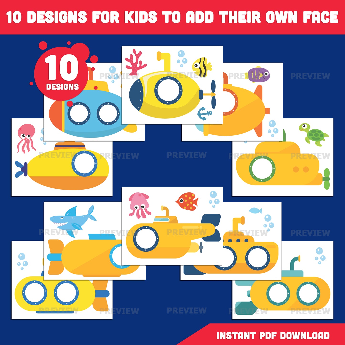 Submarine Add Your Own Face Craft for Kids, Submarine Photo Cutout Templates, Summer Ocean Activity, Transparent PNG Files, Coloring Pages