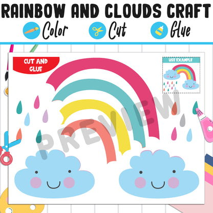 Rainbow and Clouds Craft for Kids: Color, Cut, and Glue, a Fun Activity for Pre K to 2nd Grade, PDF Instant Download