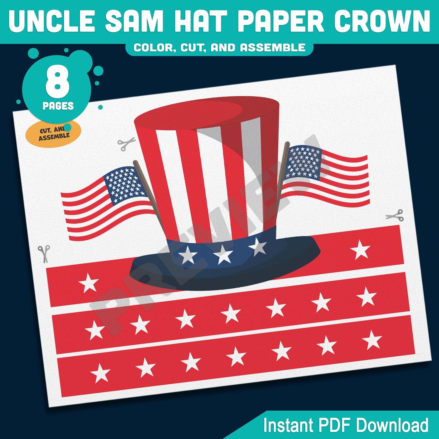 Uncle Sam Paper Hat Crown – Fun USA Patriotic Headband for Preschool & Kindergarten, Party Craft for July 4th or Veterans Day, PDF Download
