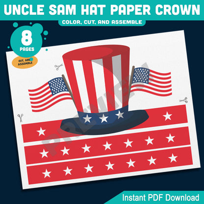 Uncle Sam Paper Hat Crown – Fun USA Patriotic Headband for Preschool & Kindergarten, Party Craft for July 4th or Veterans Day, PDF Download